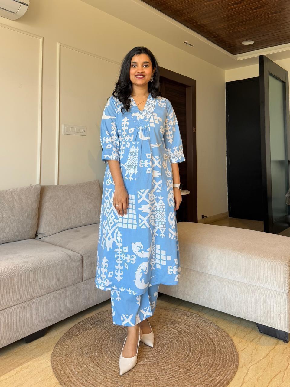 V Neck Printed Rayon Kurta with Palazzo Set