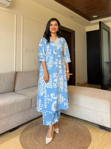 V Neck Printed Rayon Kurta with Palazzo Set