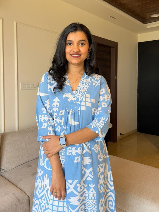 V Neck Printed Rayon Kurta with Palazzo Set