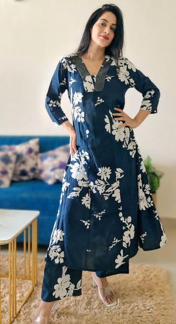 V Neck Printed Rayon Kurta with Palazzo Set