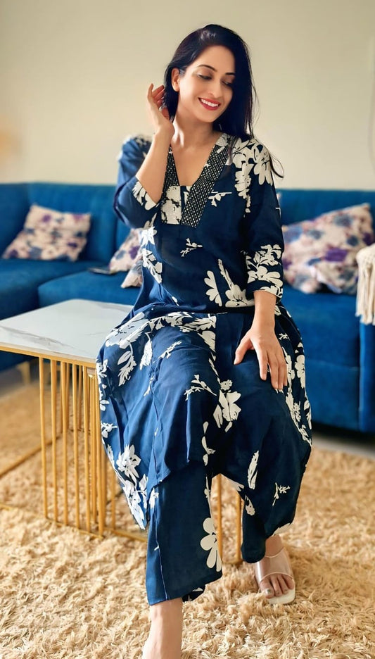 V Neck Printed Rayon Kurta with Palazzo Set