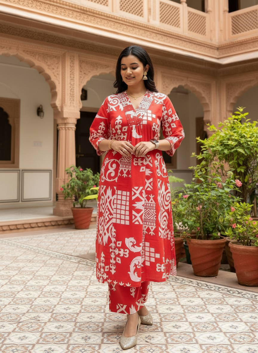 Printed V-Neck Rayon Kurta with Palazzo Set