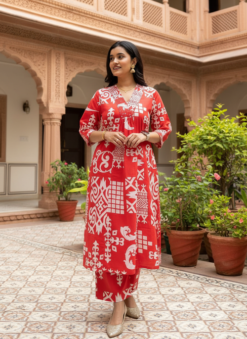 Printed V-Neck Rayon Kurta with Palazzo Set