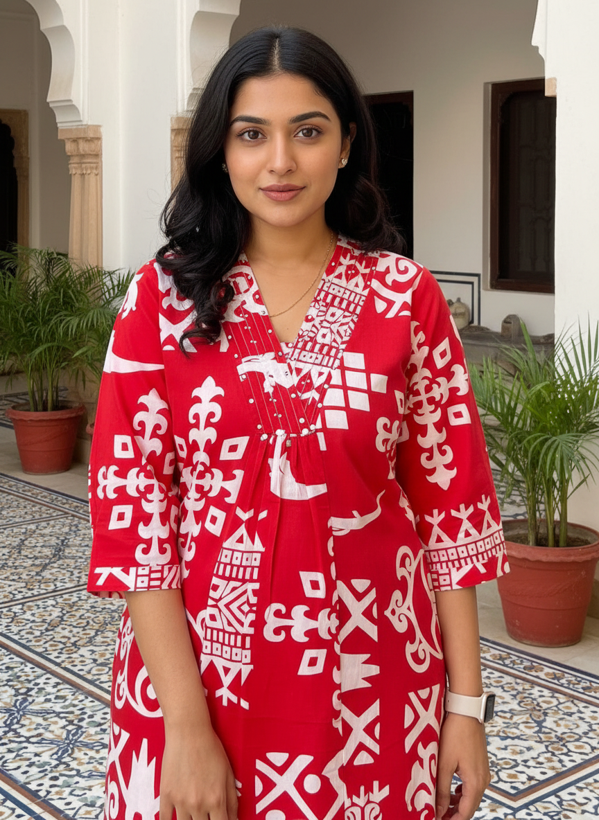 Printed V-Neck Rayon Kurta with Palazzo Set
