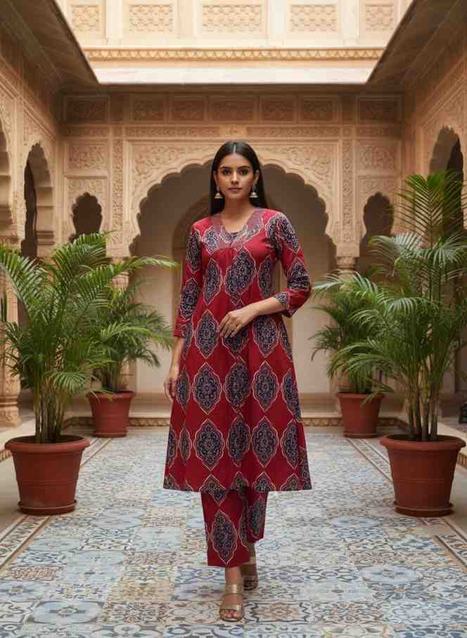 V Neck Printed Rayon Kurta with Palazzo Set