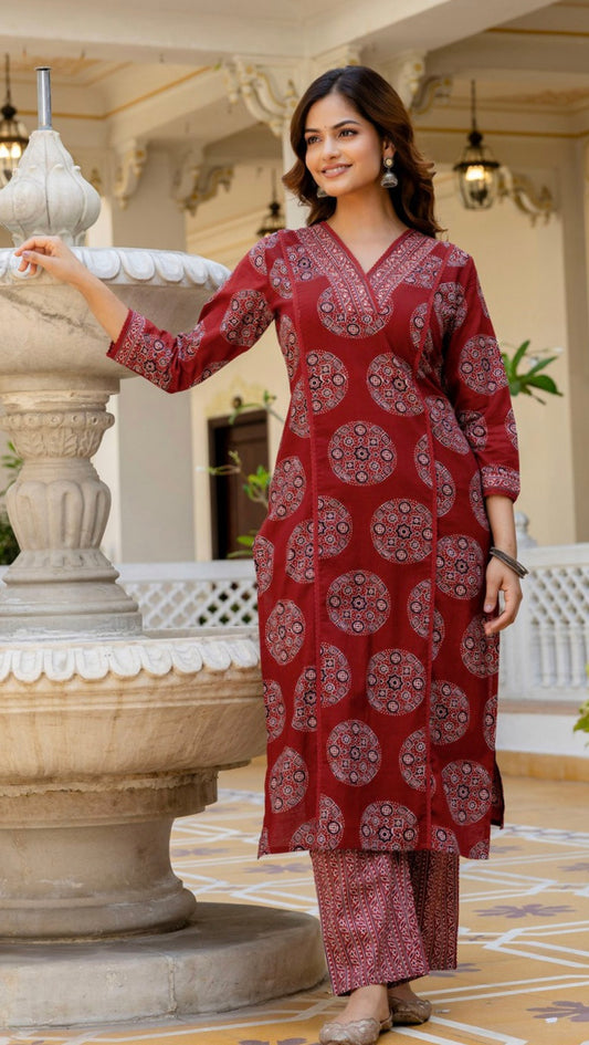 Maroon Printed Rayon Blend Straight Kurta With Pant