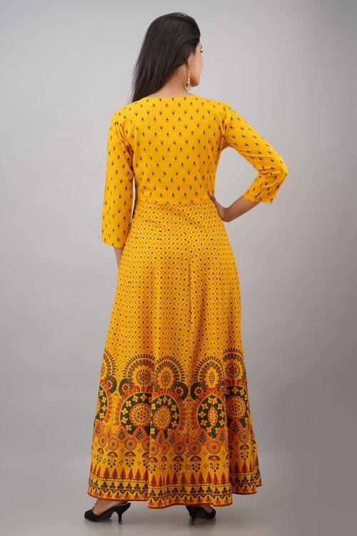 Gold Print Fit & Flare Ethnic Dress