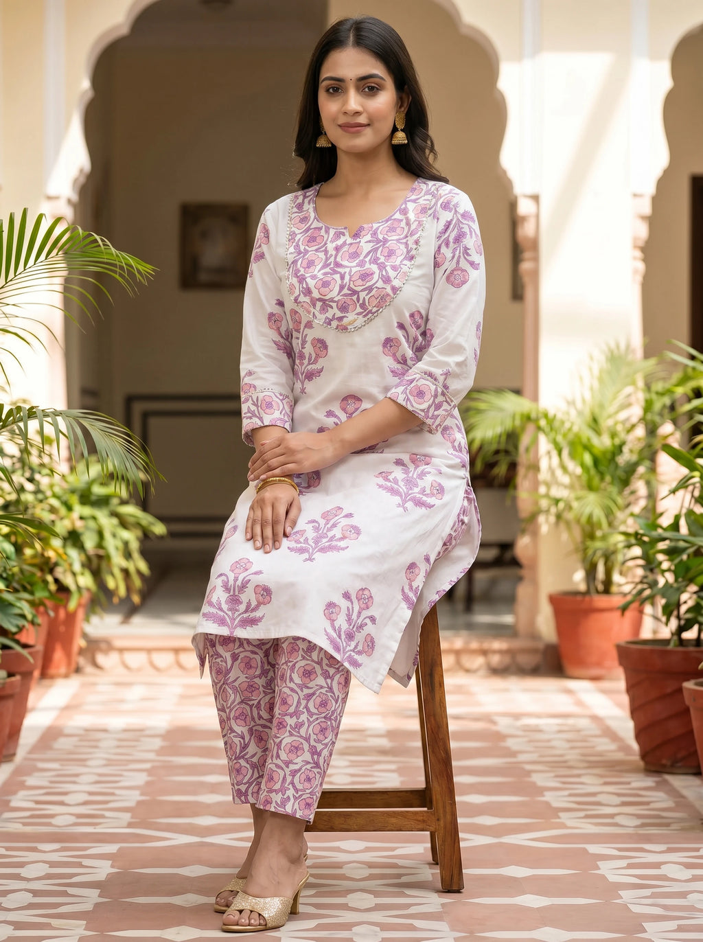 White Printed Rayon Blend Straight Kurta With Pant