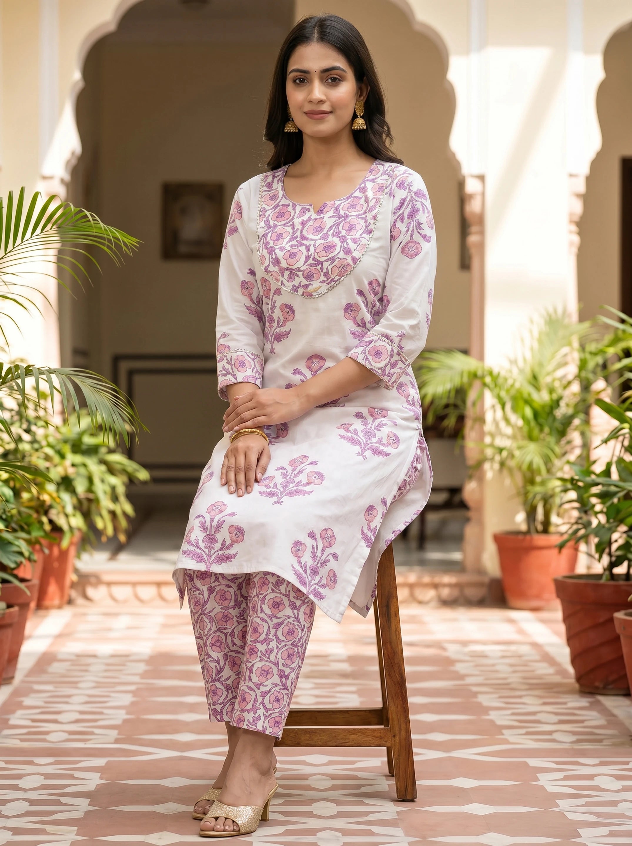 White Printed Rayon Blend Straight Kurta With Pant
