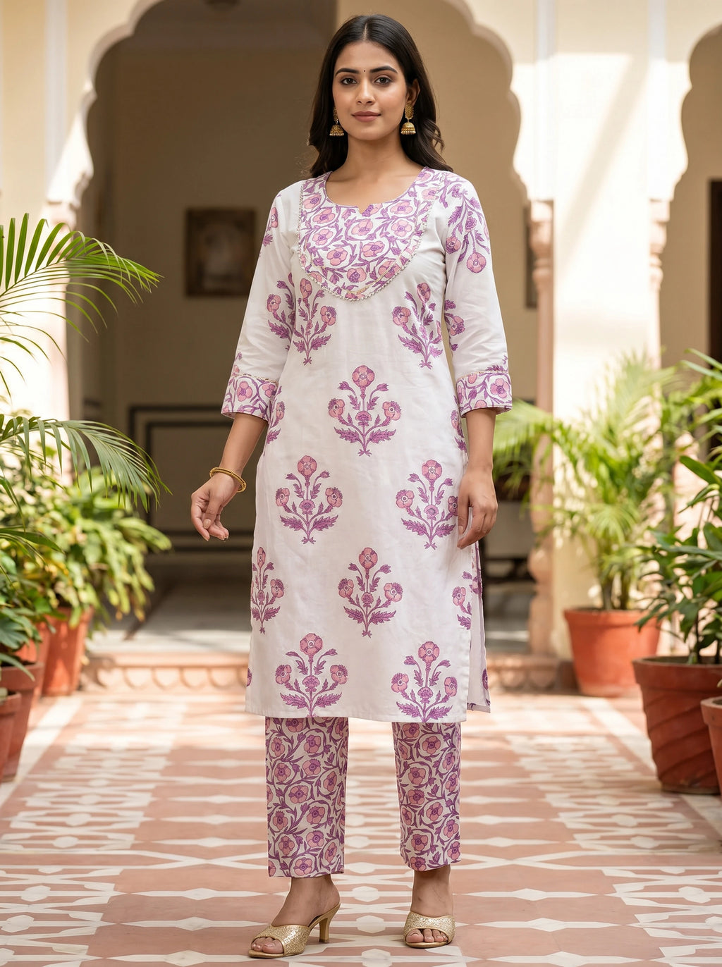 White Printed Rayon Blend Straight Kurta With Pant