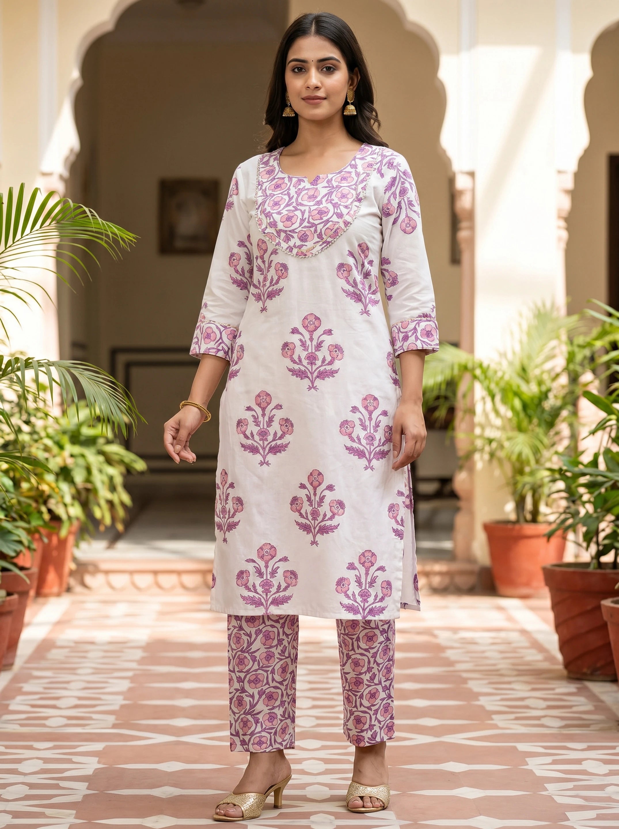 White Printed Rayon Blend Straight Kurta With Pant