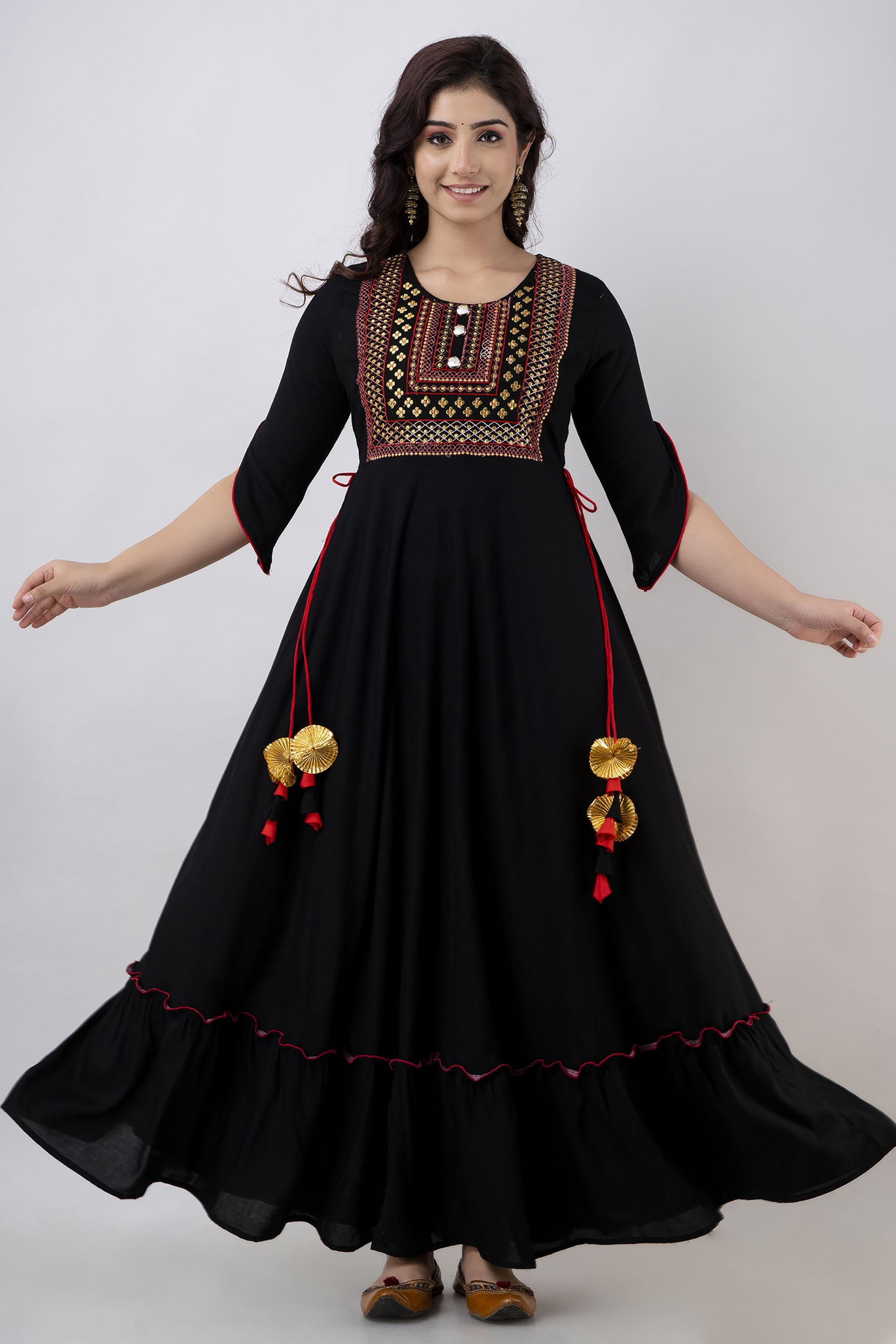Pack of 2 Women Black and Orange Rayon Anarkali Dress