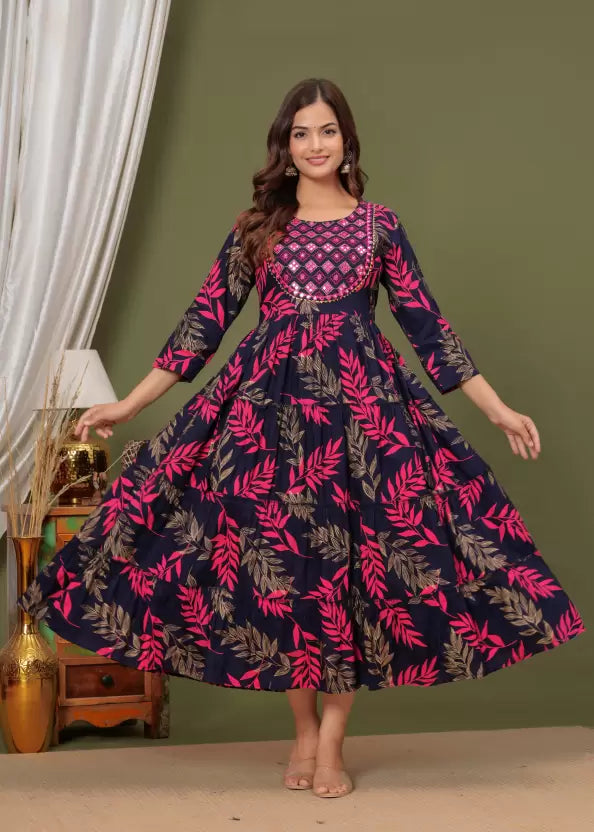 Embroidered Rayon Blend Anarkali Kurta (Blue)