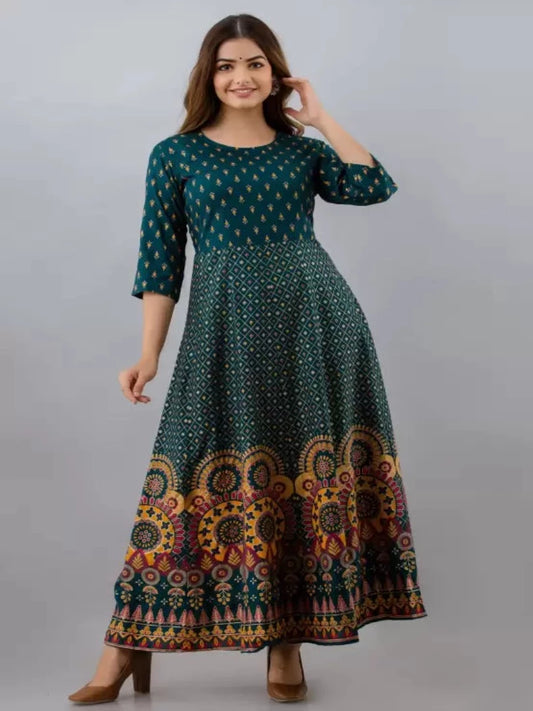 Gold Print Fit & Flare Ethnic Dress