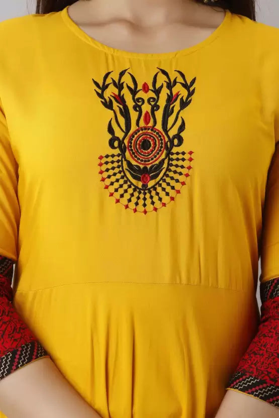 Yellow Embroidered Printed Dress