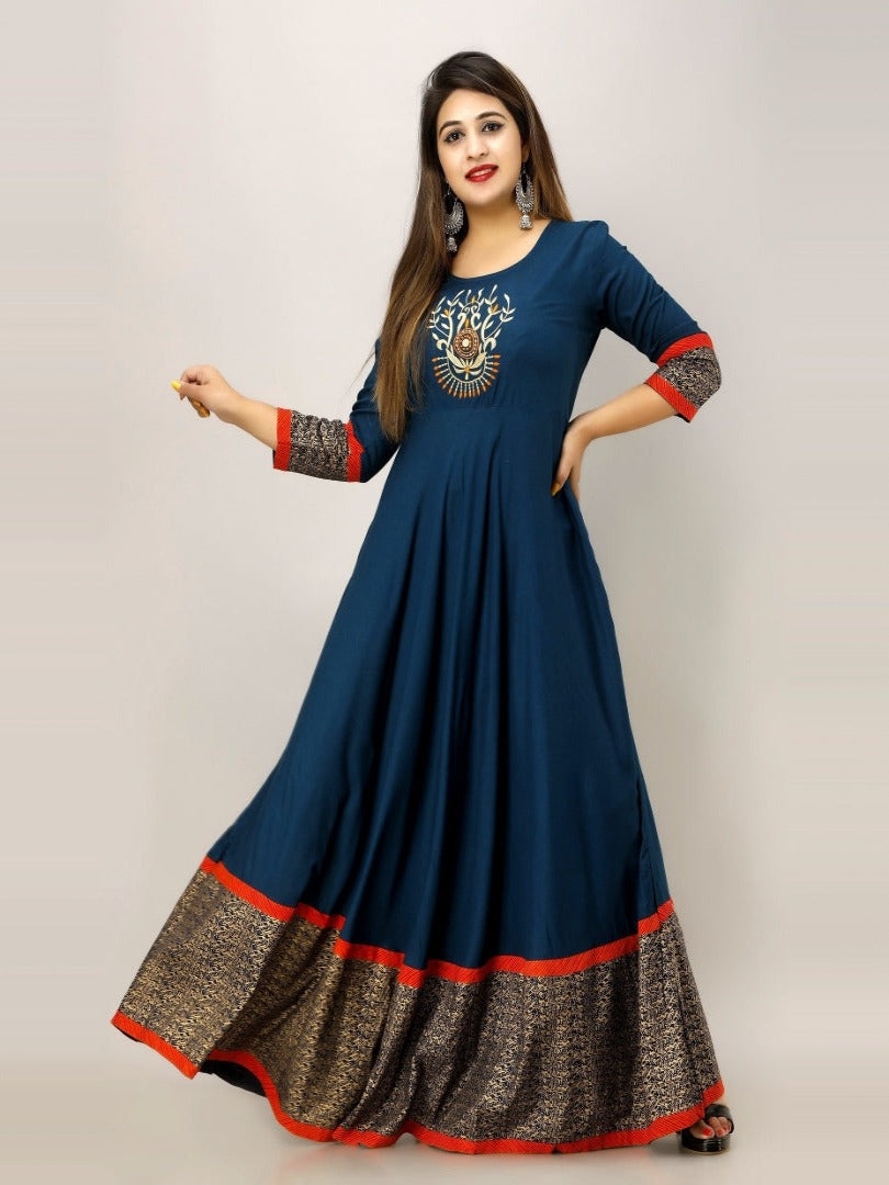 Embroidered Gold Printed Anarkali Gown (Blue)