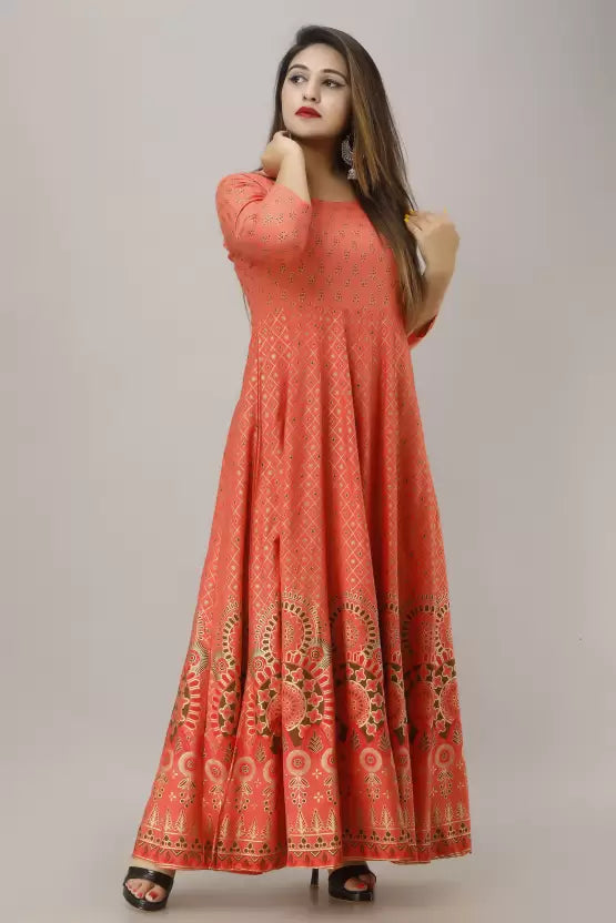 Pack of 2 Women Black and Orange Rayon Anarkali Dress