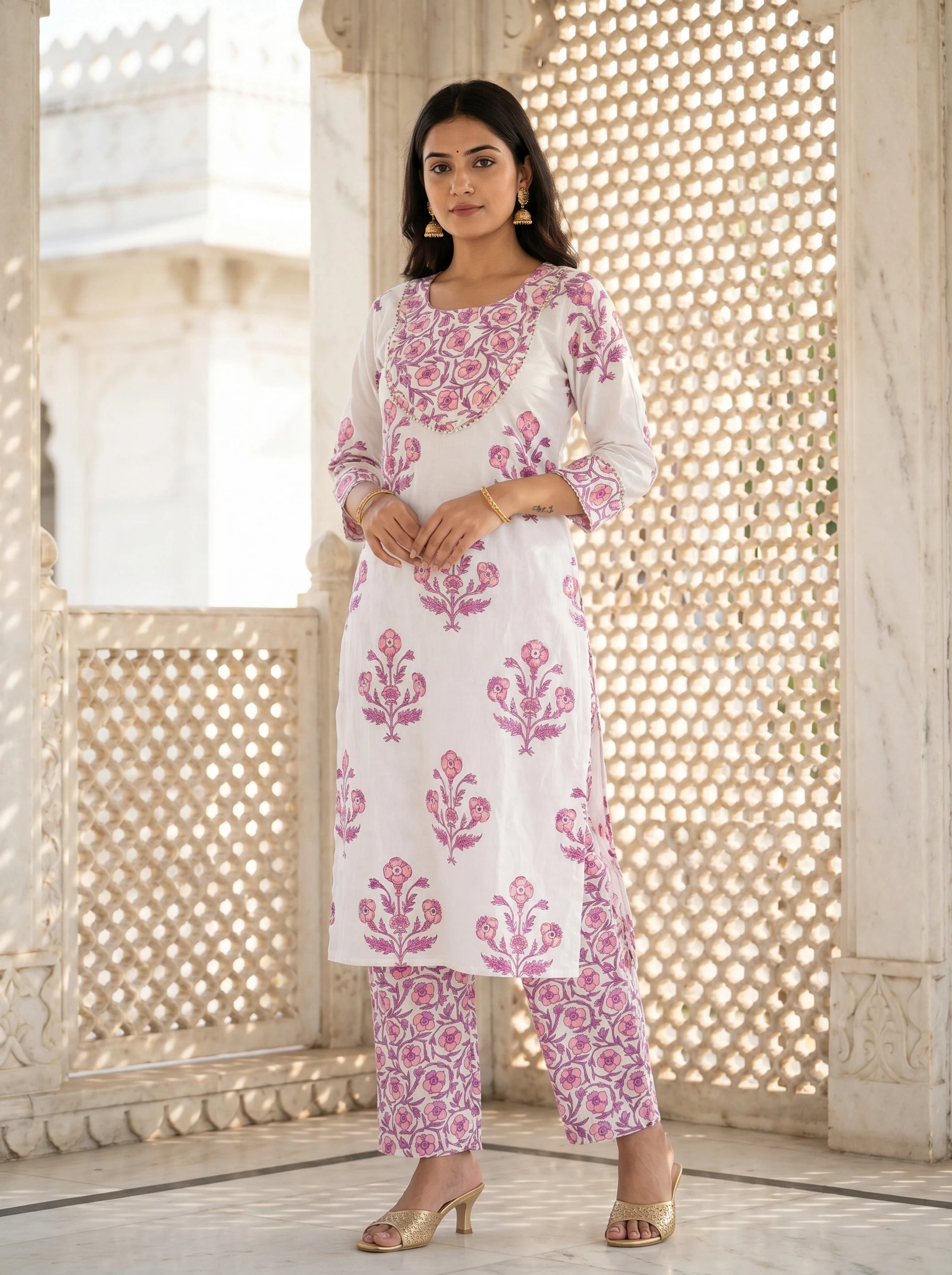 White Printed Rayon Blend Straight Kurta With Pant