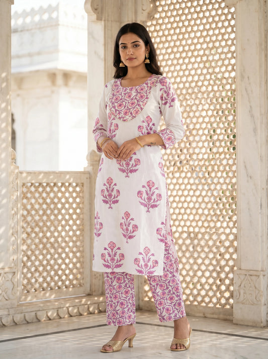 White Printed Rayon Blend Straight Kurta With Pant