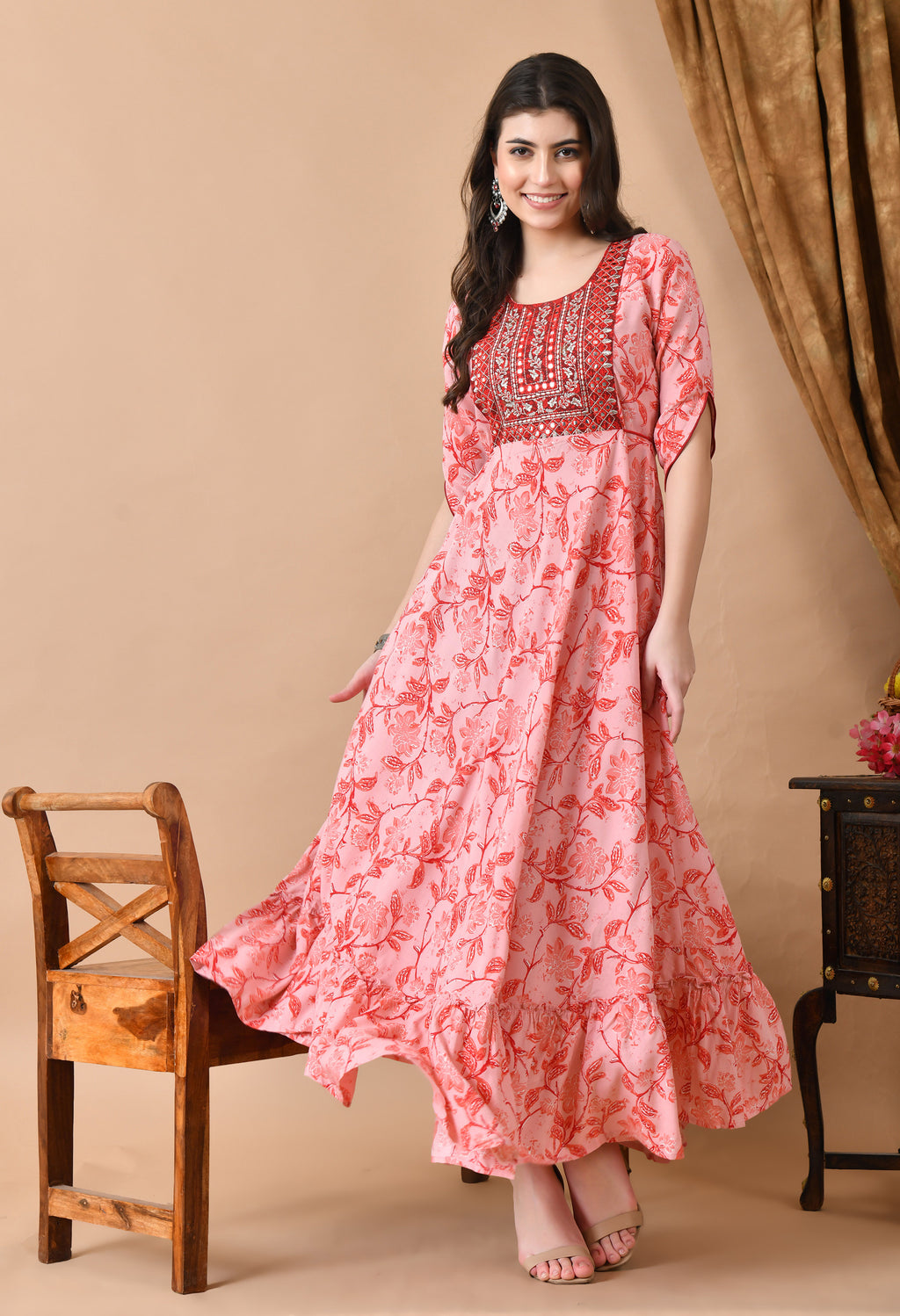 Printed Viscose Rayon Stitched Anarkali Gown (Pink)