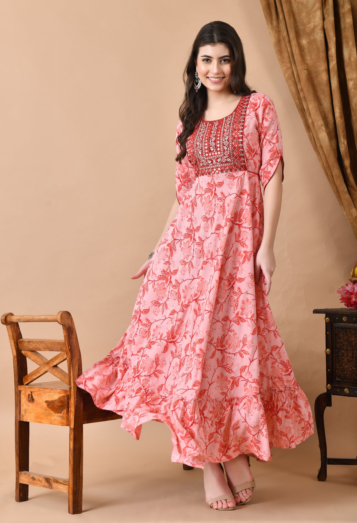 Printed Viscose Rayon Stitched Anarkali Gown (Pink)