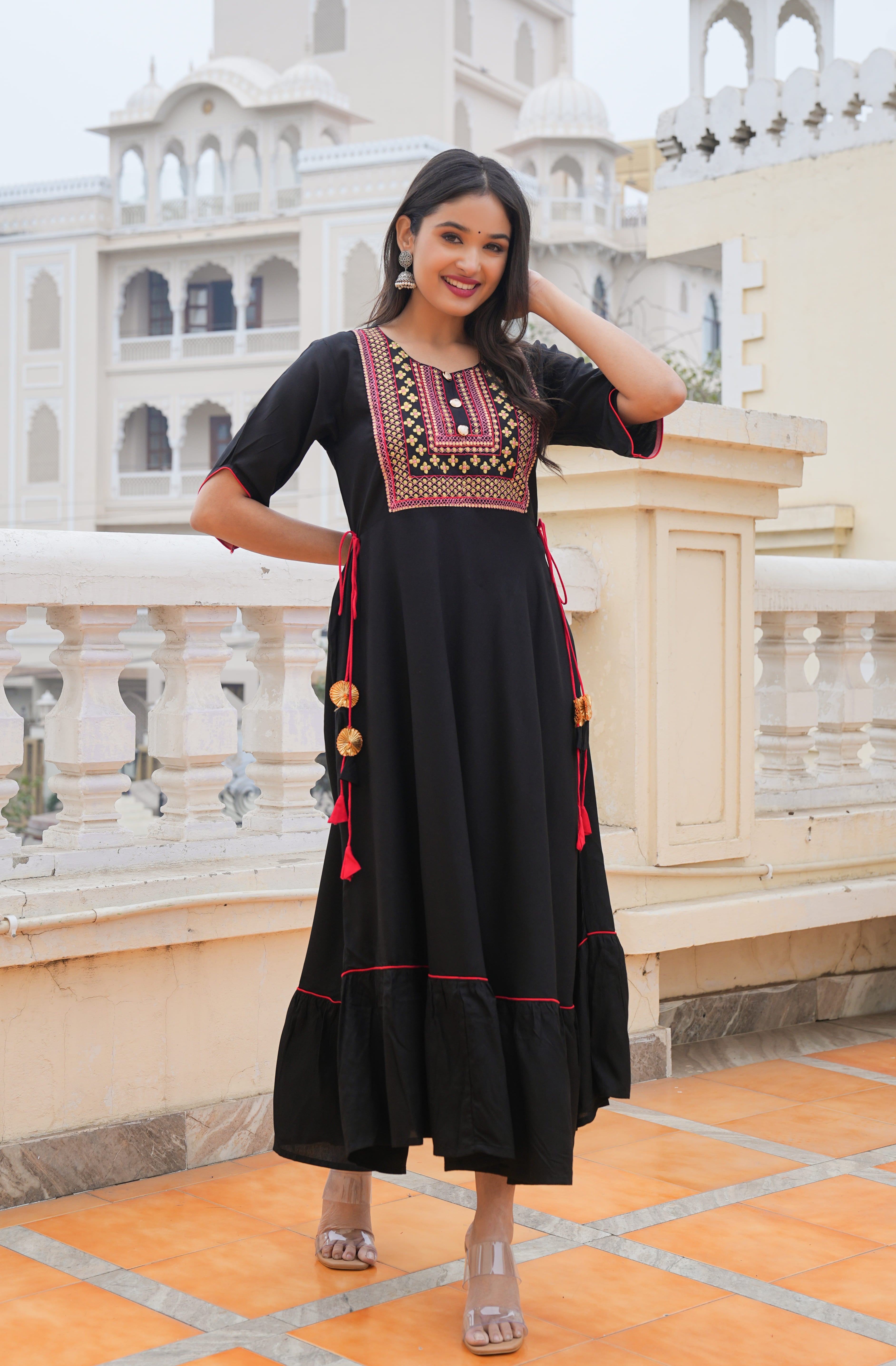 Black Embroidered & Printed Dress