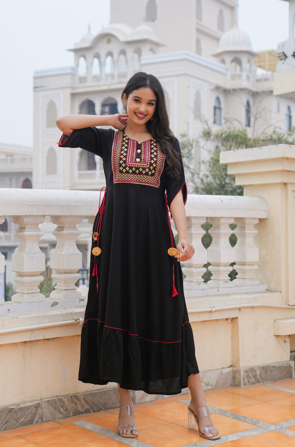 Black Embroidered & Printed Dress