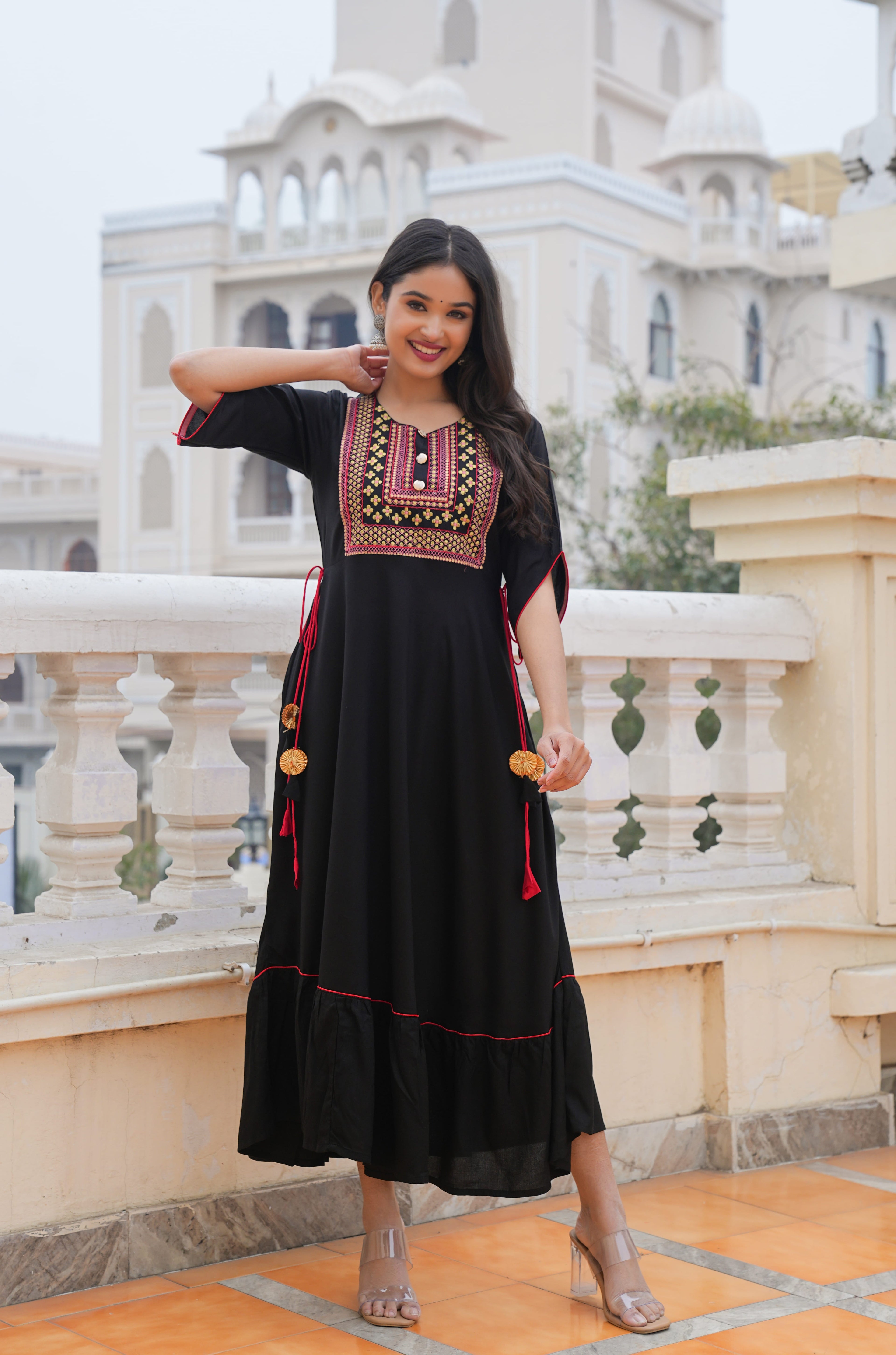 Black Embroidered & Printed Dress