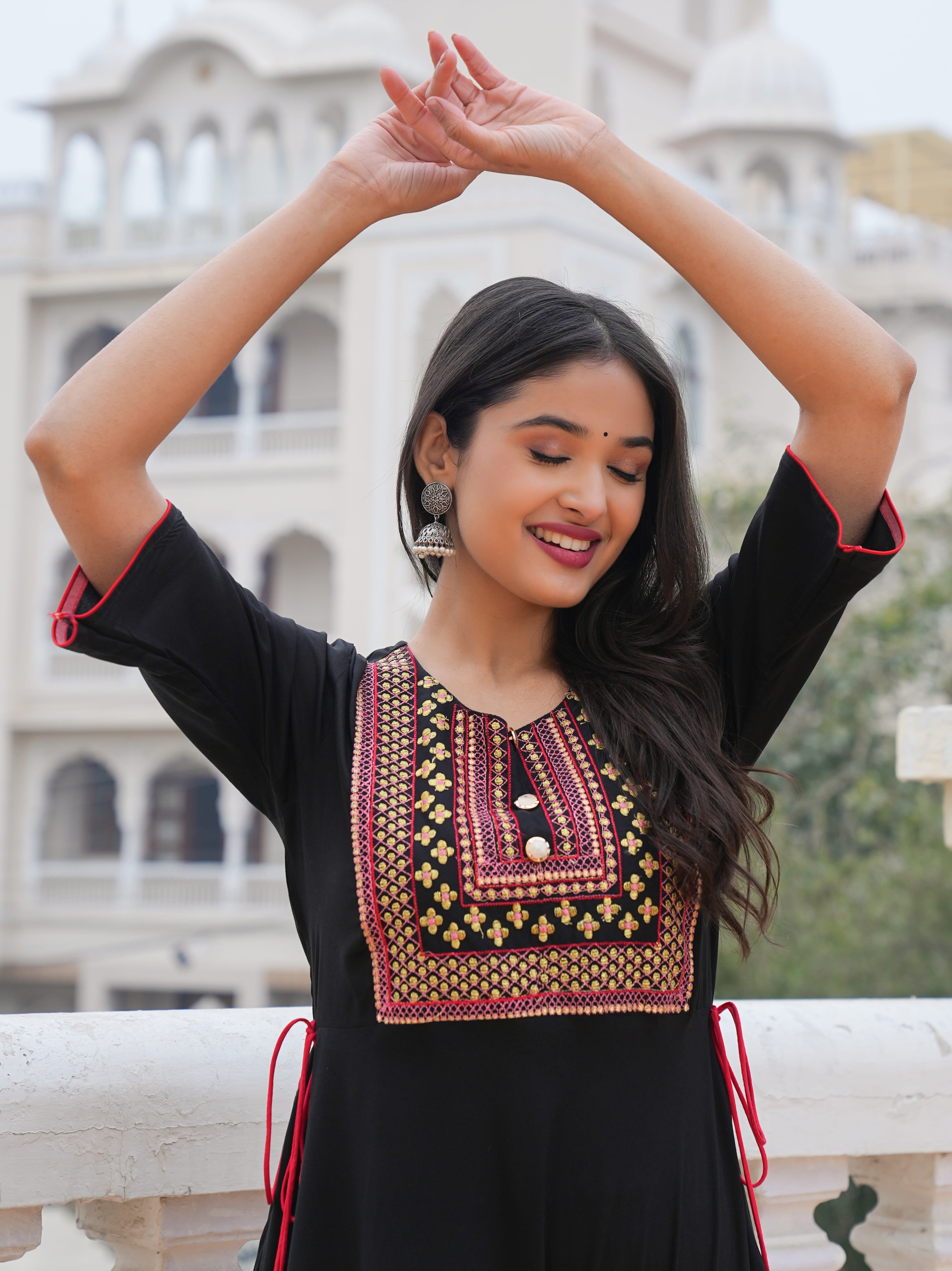 Black Embroidered & Printed Dress