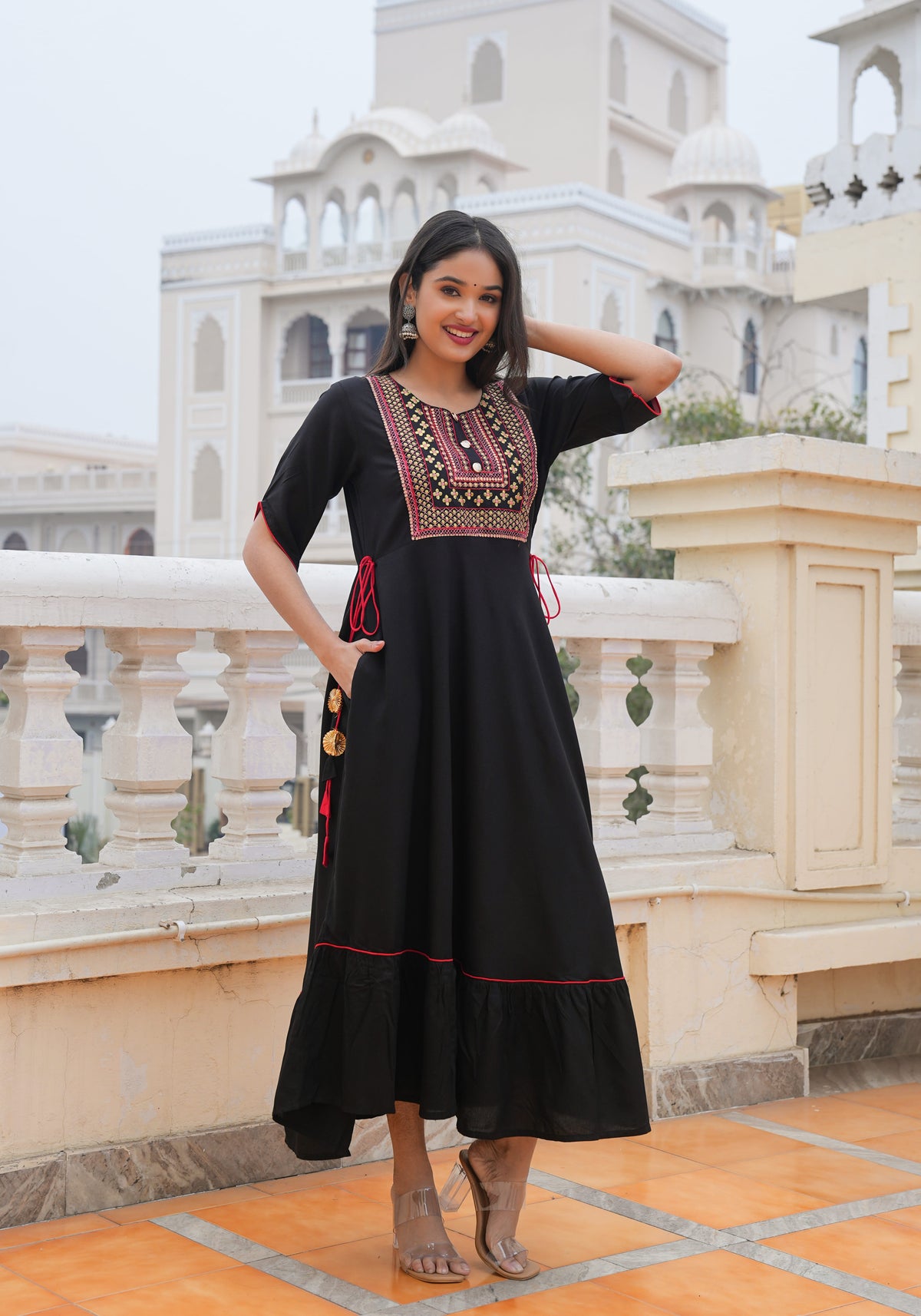Black Embroidered & Printed Dress