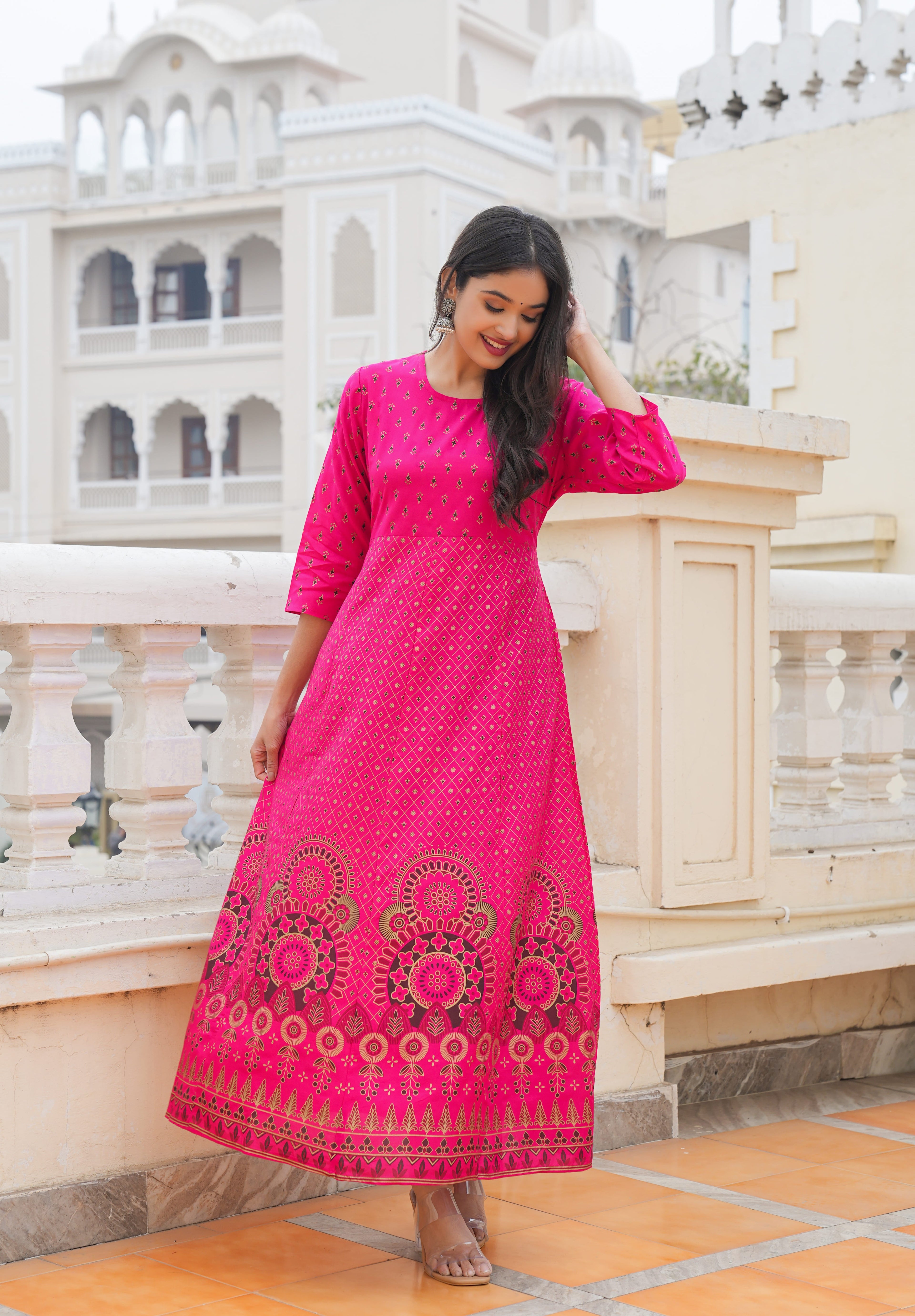 Gold Print Fit & Flare Ethnic Dress