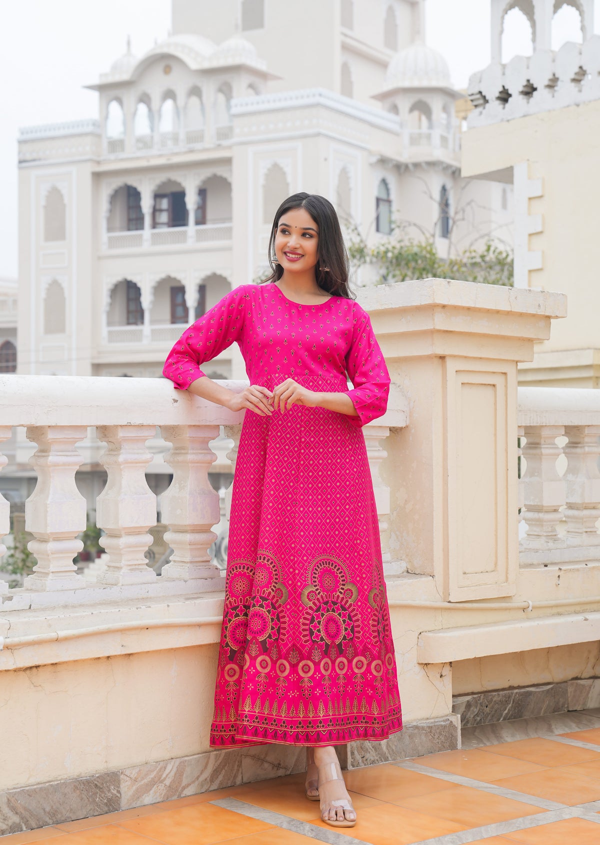 Gold Print Fit & Flare Ethnic Dress