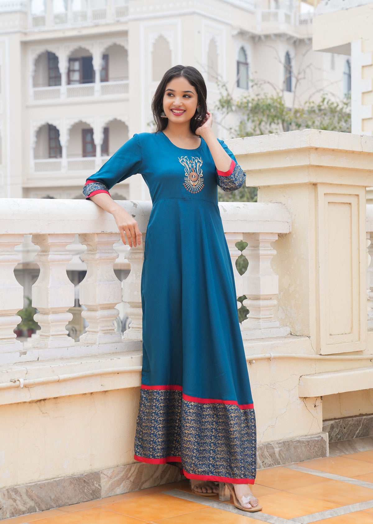 Embroidered Gold Printed Anarkali Gown (Blue)