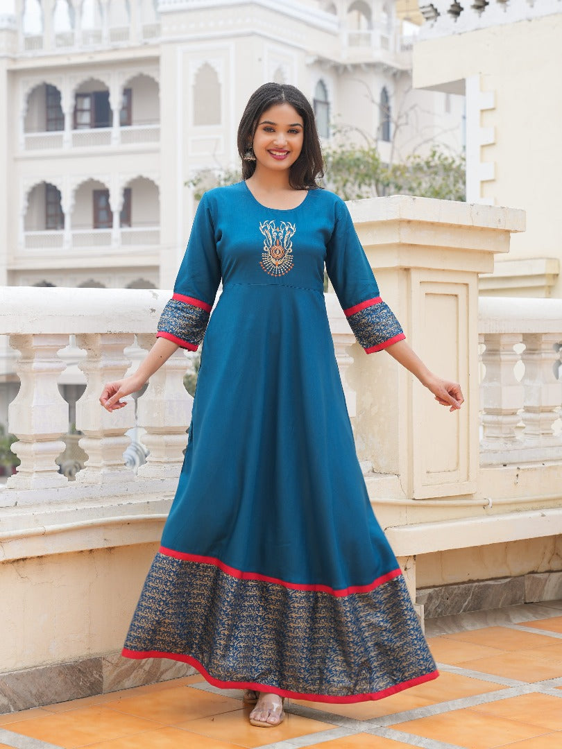 Embroidered Gold Printed Anarkali Gown (Blue)
