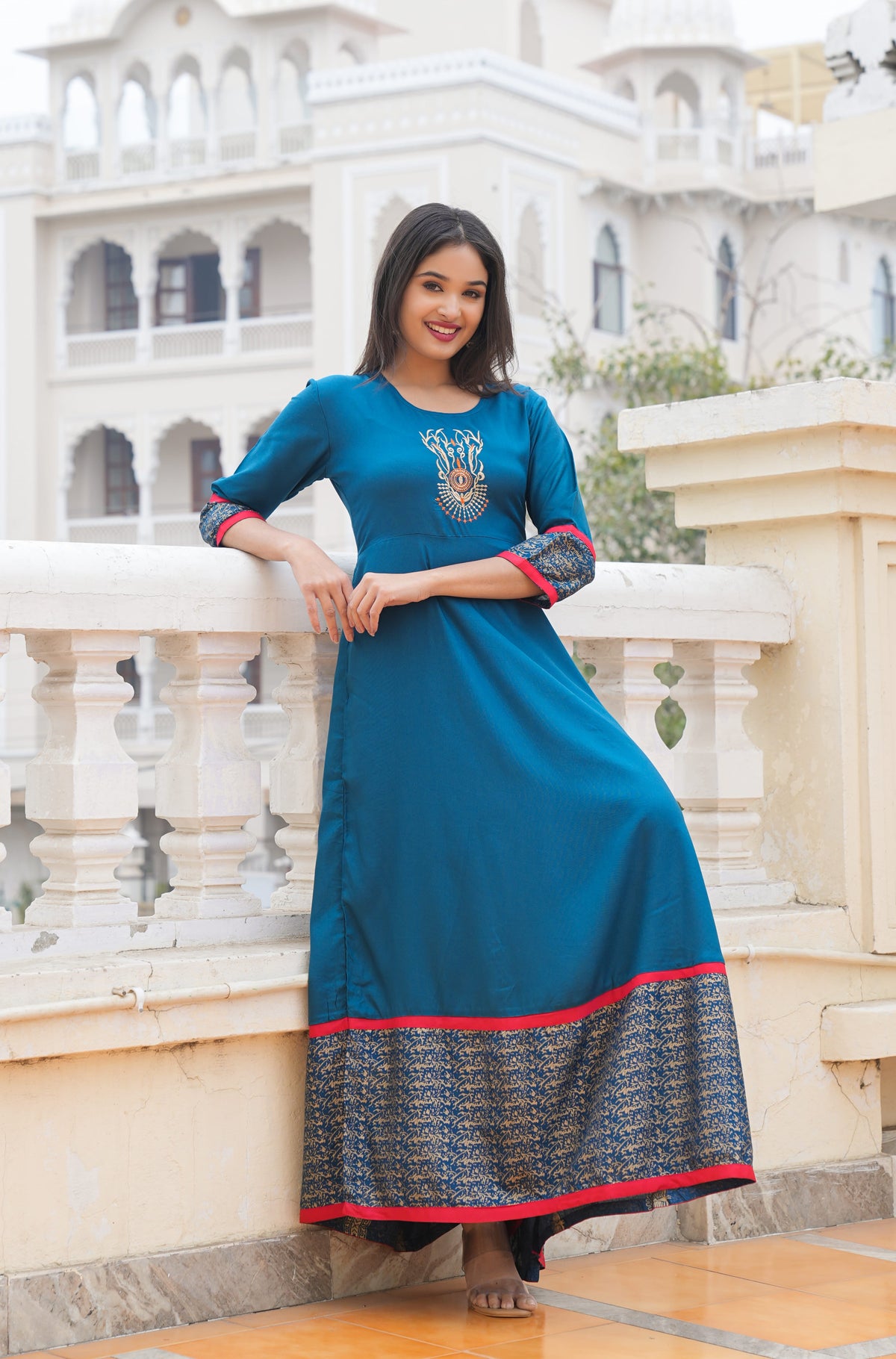 Embroidered Gold Printed Anarkali Gown (Blue)