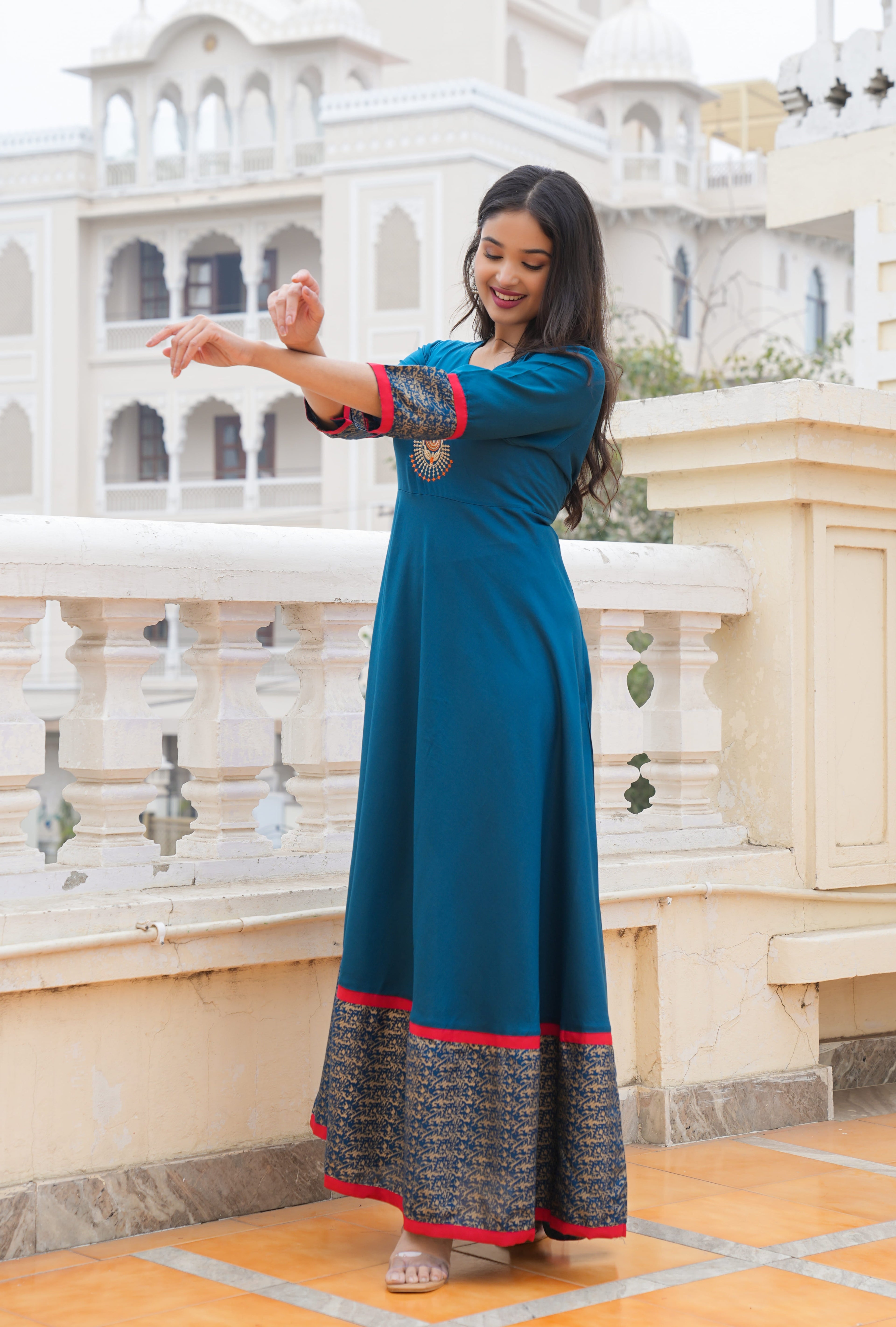 Embroidered Gold Printed Anarkali Gown (Blue)