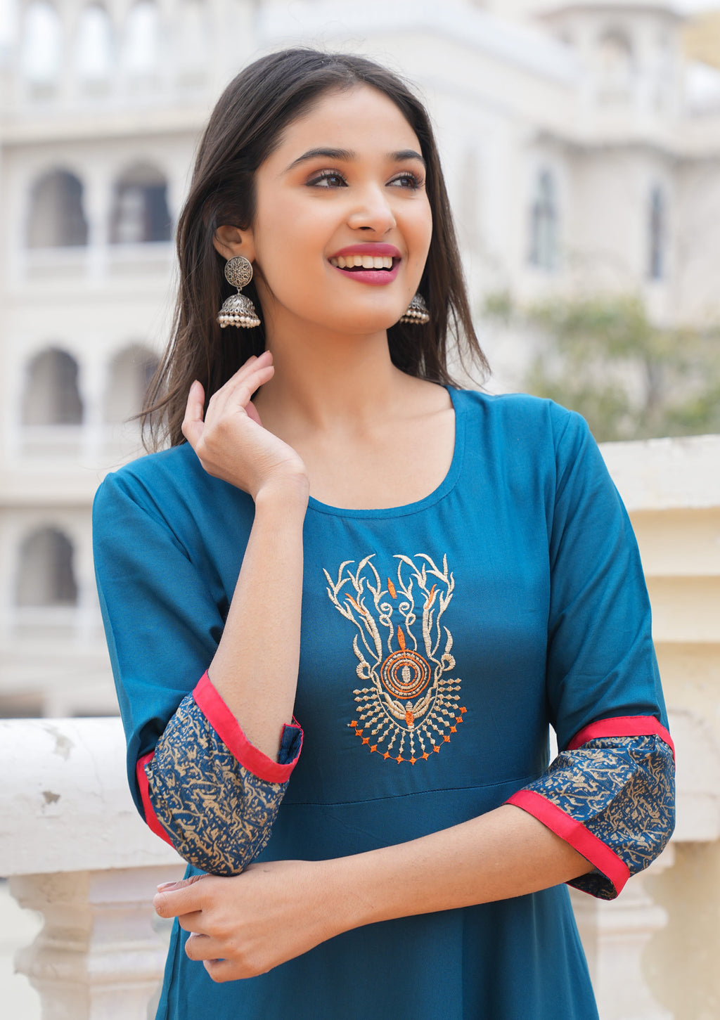 Embroidered Gold Printed Anarkali Gown (Blue)