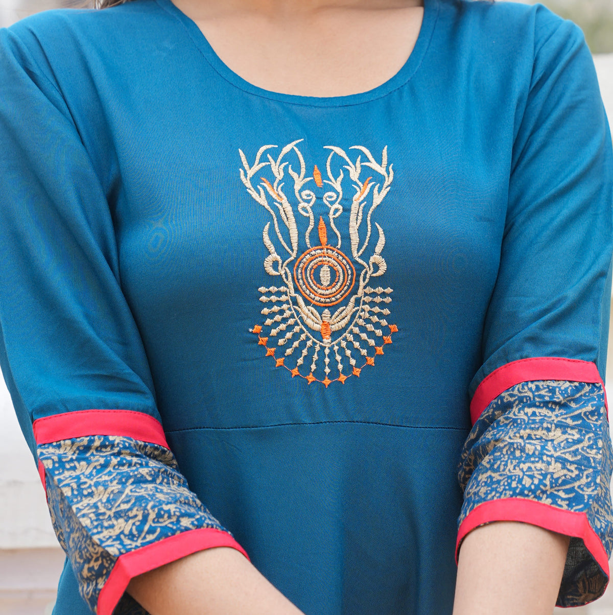 Embroidered Gold Printed Anarkali Gown (Blue)