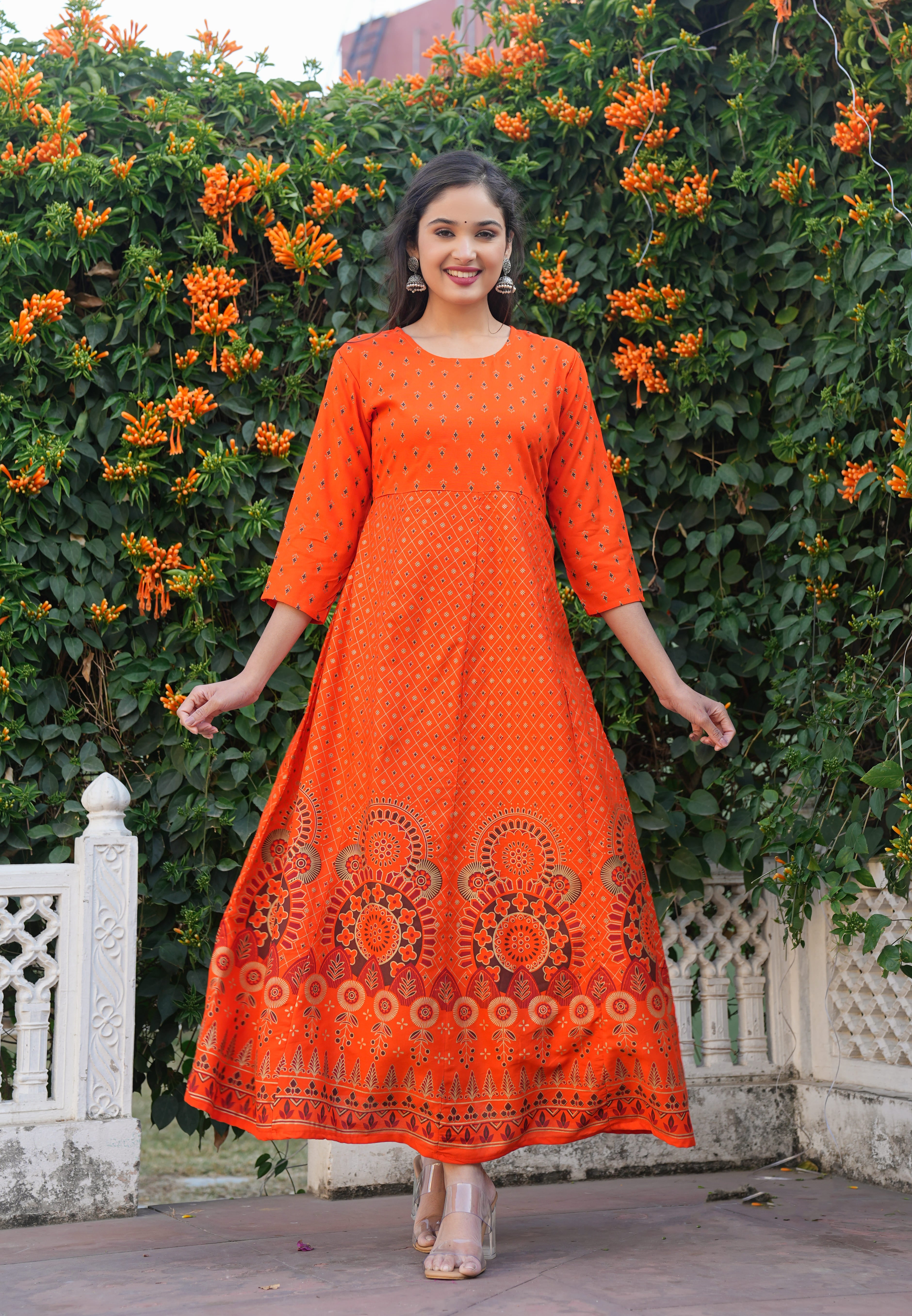 Gold Print Fit & Flare Ethnic Dress