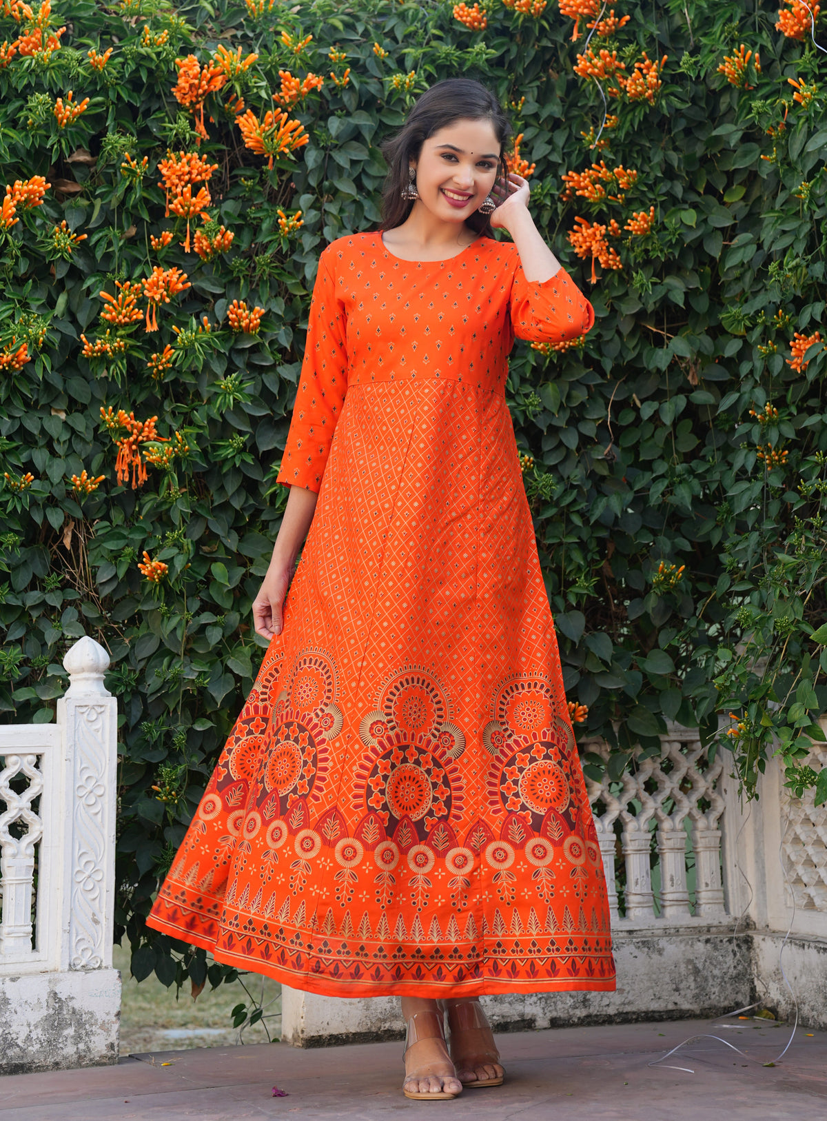 Gold Print Fit & Flare Ethnic Dress