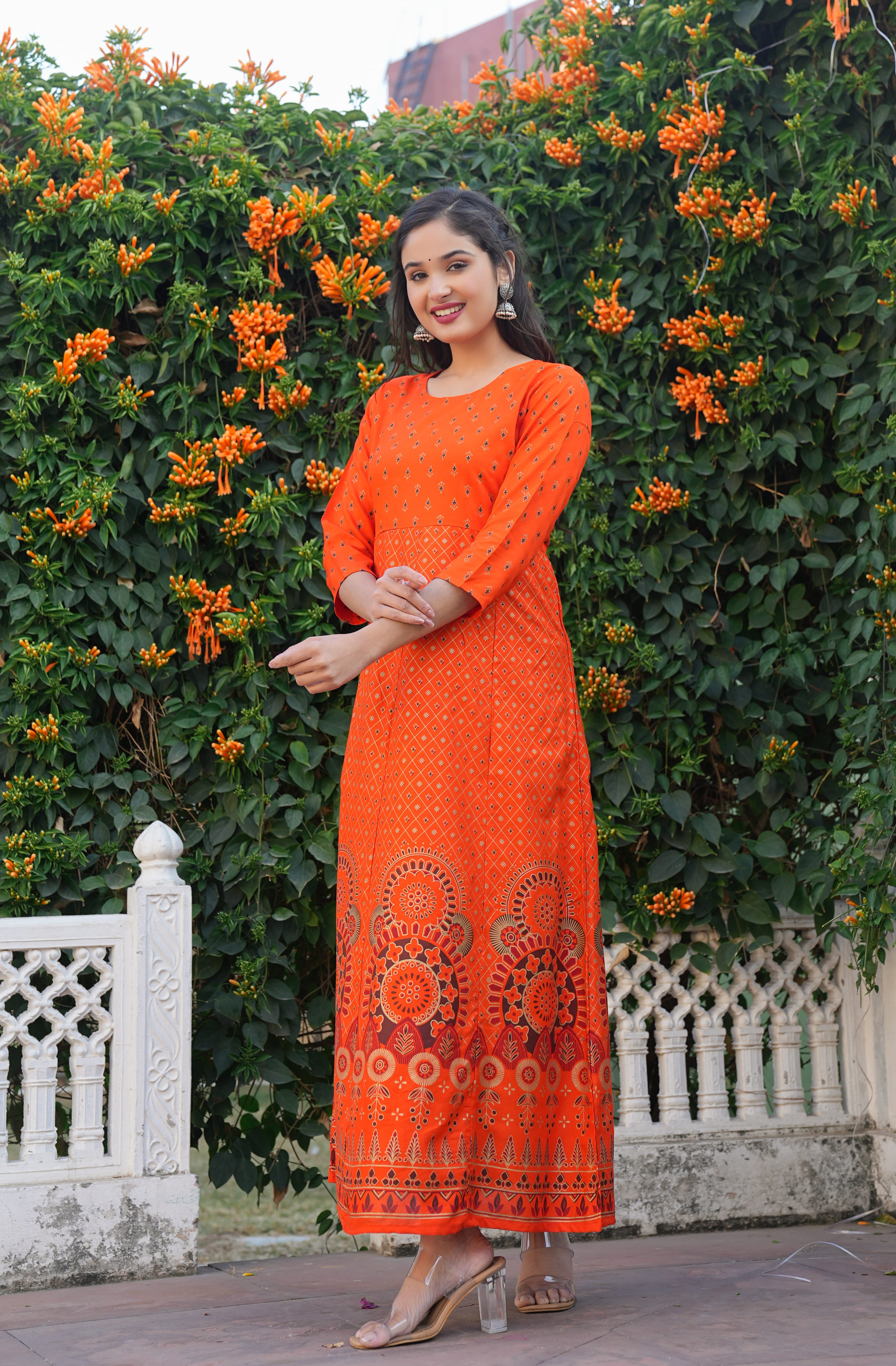 Gold Print Fit & Flare Ethnic Dress