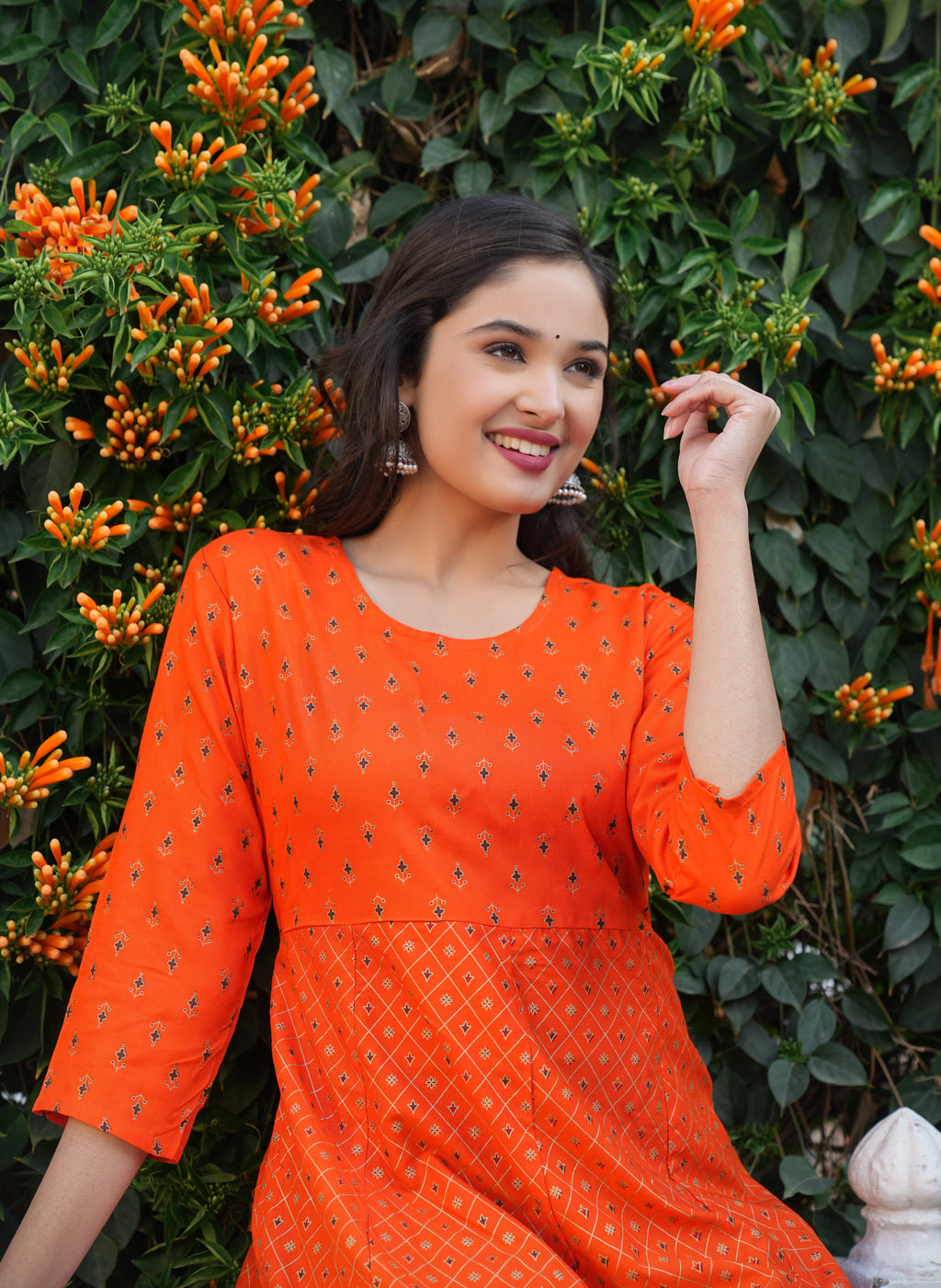 Gold Print Fit & Flare Ethnic Dress