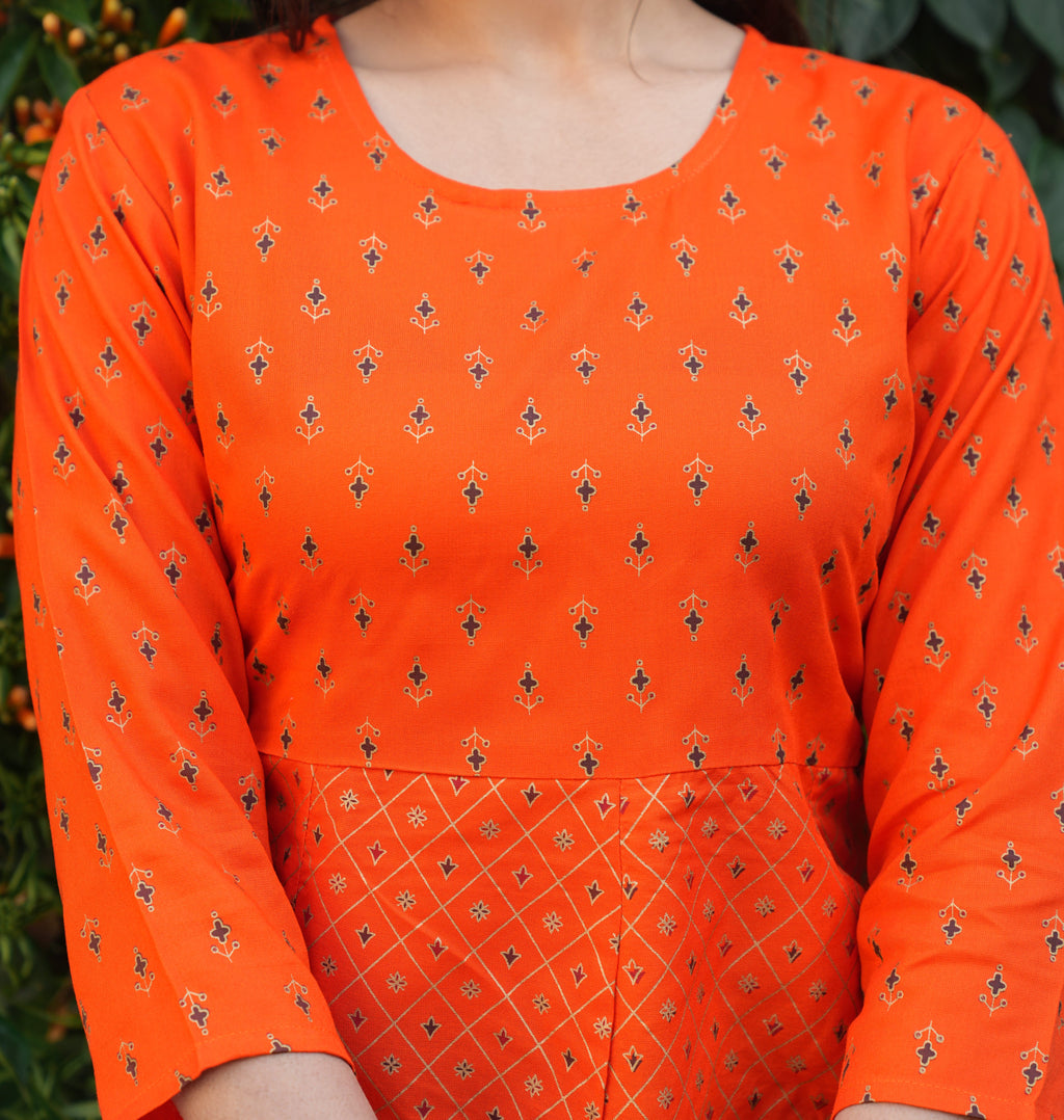 Gold Print Fit & Flare Ethnic Dress