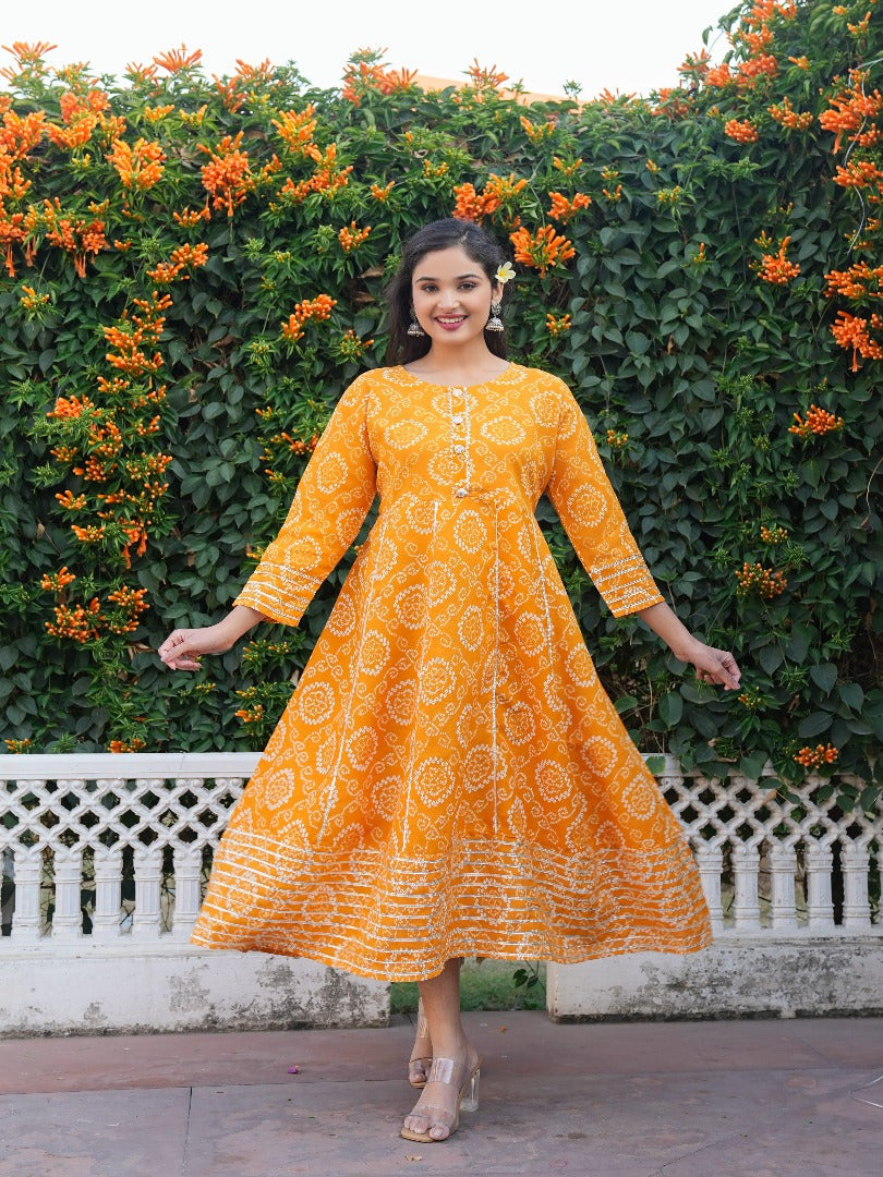 Women Bandhani Printed Dress (Yellow)