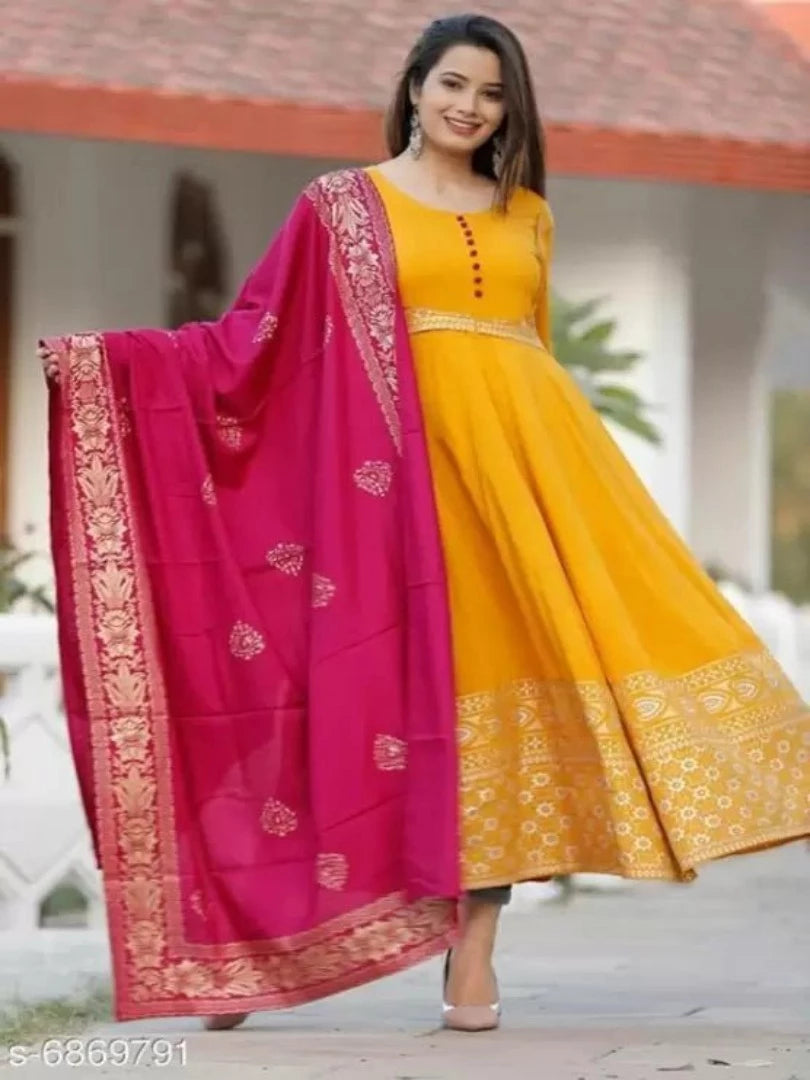 Rayon Blend Stitched Anarkali Gown (Yellow) - Adhi Shree Fashion