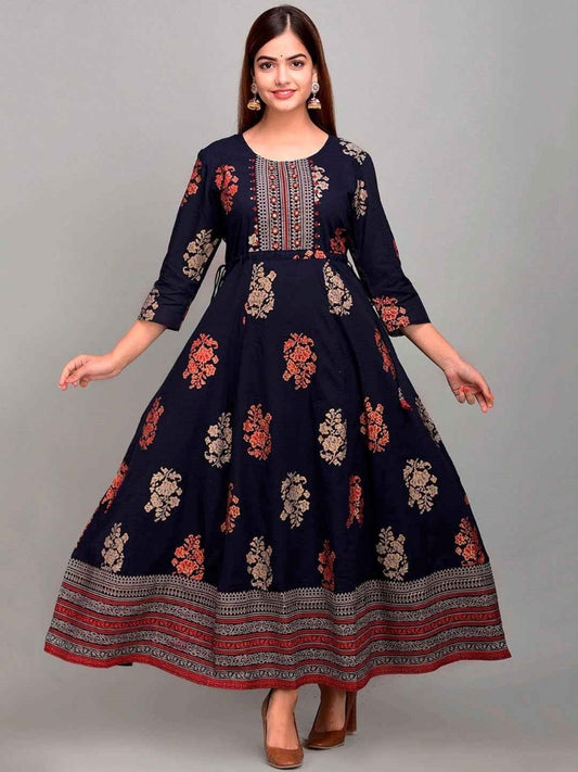 Women Printed Viscose Rayon Anarkali Kurta (Blue) - Adhi Shree Fashion