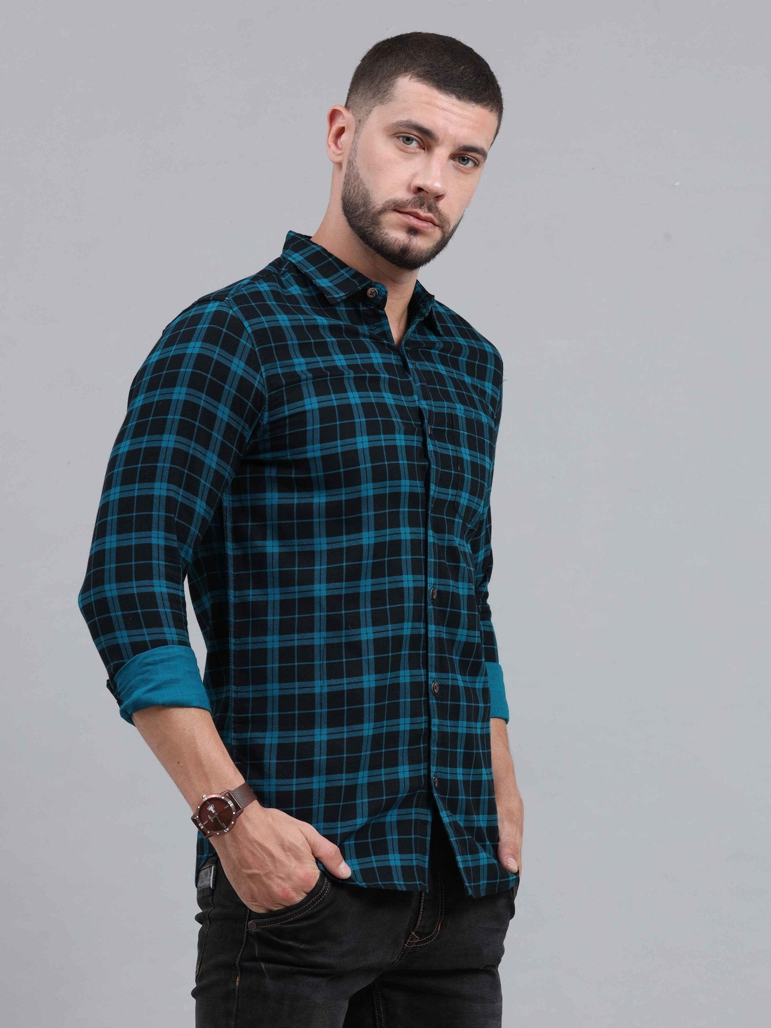 Men Regular Fit Checkered Cut Away Collar Casual Shirt - Adhi Shree Fashion