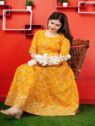 Women Bandhani Printed Dress (Yellow)