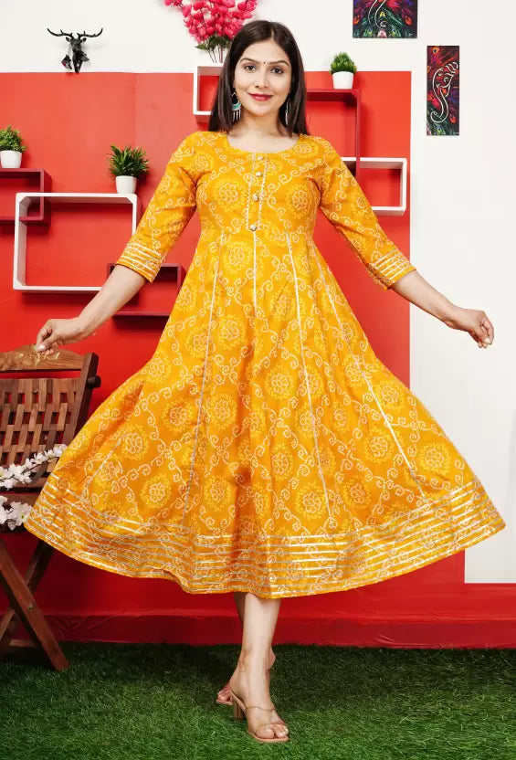 Women Bandhani Printed Dress (Yellow)