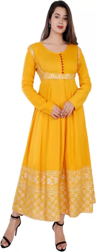 Rayon Blend Stitched Anarkali Gown (Yellow) - Adhi Shree Fashion